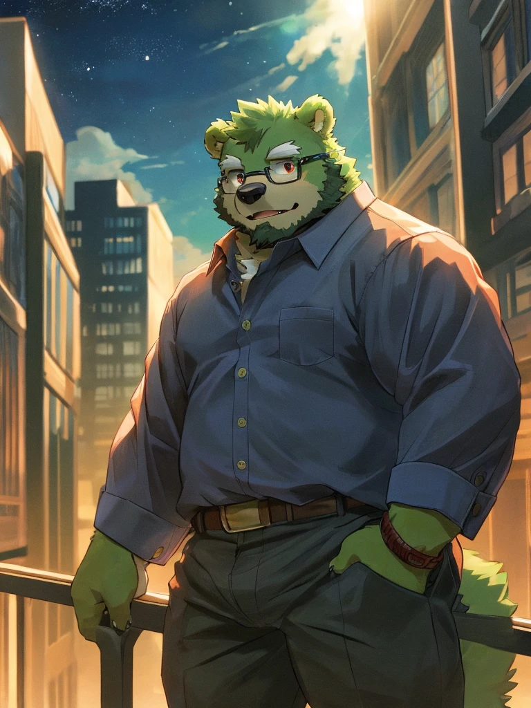 bara, furry, furry_male,male focus,muscular male, anthro, kemono, male, solo, glasses, (((green bear))), (((green fur))), green hair, red eyes, beard, white eyebrows, 1boy, solo,looking at viewer, jinpei,
daily outfit,informal clothes, casual clothes, shirt and pants,
detail background, sky, scenery, cloud, building, outdoors, railing, star (sky), city, cloudy sky, from below, blurry, starry sky, standing, wide shot, sunlight, depth of field,