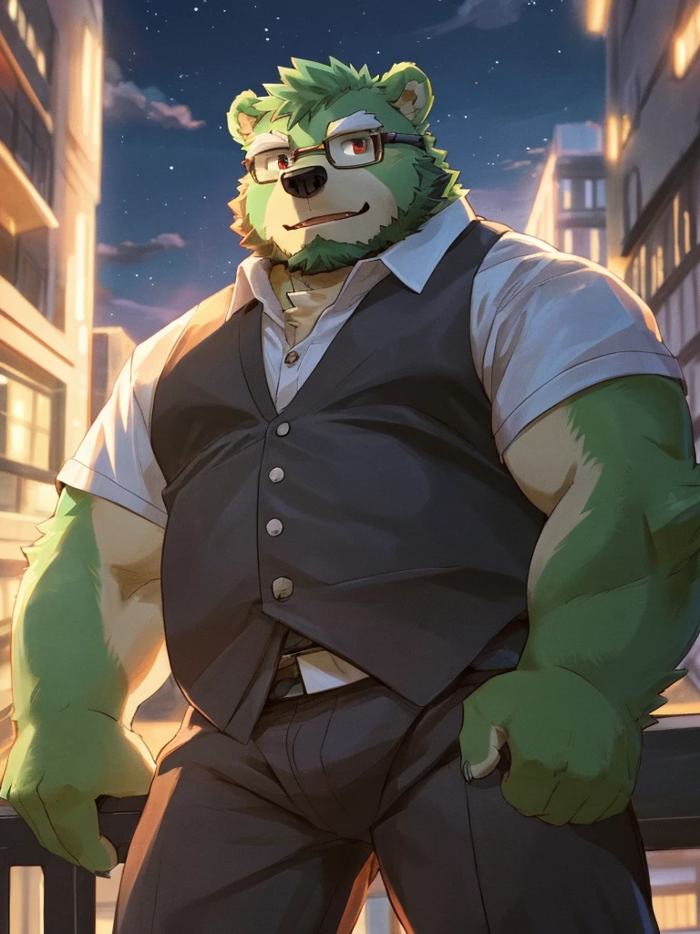 bara, furry, furry_male,male focus,muscular male, anthro, kemono, male, solo, glasses, (((green bear))), (((green fur))), green hair, red eyes, beard, white eyebrows, 1boy, solo,looking at viewer, jinpei,
daily outfit,informal clothes, casual clothes, shirt and pants,
detail background, sky, scenery, cloud, building, outdoors, railing, star (sky), city, cloudy sky, from below, blurry, starry sky, standing, wide shot, sunlight, depth of field,