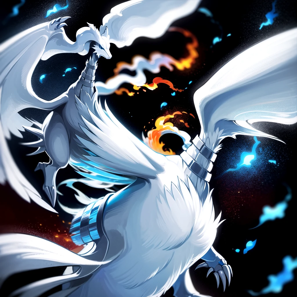 ((masterpiece,best quality)), absurdres,
,
Reshiram, 
blue eyes, blue fire, claws, fire, from below, grey background, no humans, simple background, glowing eyes, bokeh