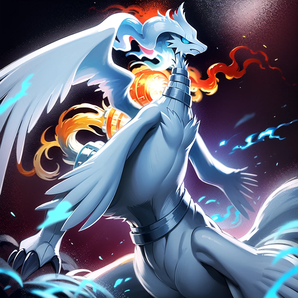 ((masterpiece,best quality)), absurdres,
,
Reshiram, 
blue eyes, blue fire, claws, fire, from below, grey background, no humans, simple background, glowing eyes, bokeh