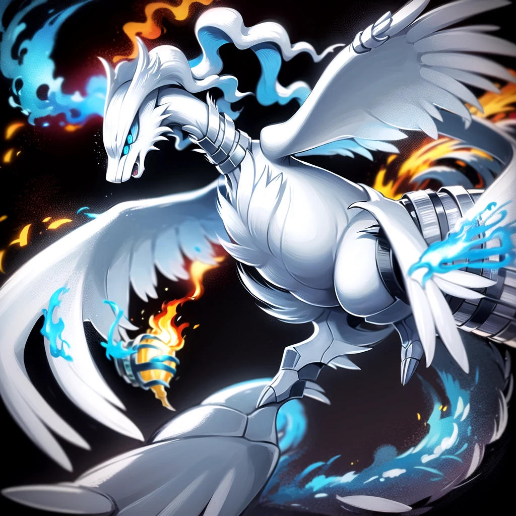 ((masterpiece,best quality)), absurdres,
,
Reshiram, 
blue eyes, blue fire, claws, fire, from below, grey background, no humans, simple background, glowing eyes, bokeh