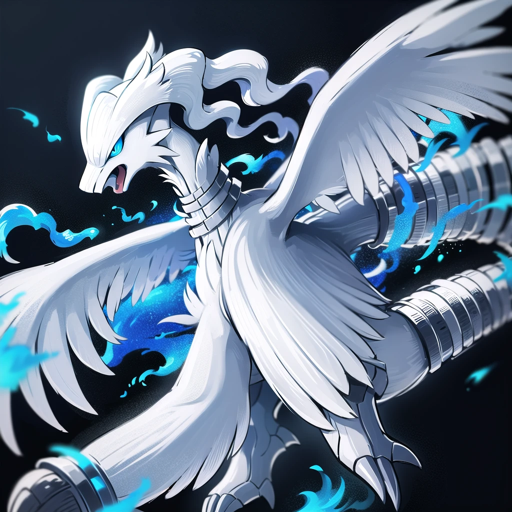 ((masterpiece,best quality)), absurdres,
,
Reshiram, 
blue eyes, blue fire, claws, fire, from below, grey background, no humans, simple background, glowing eyes, bokeh