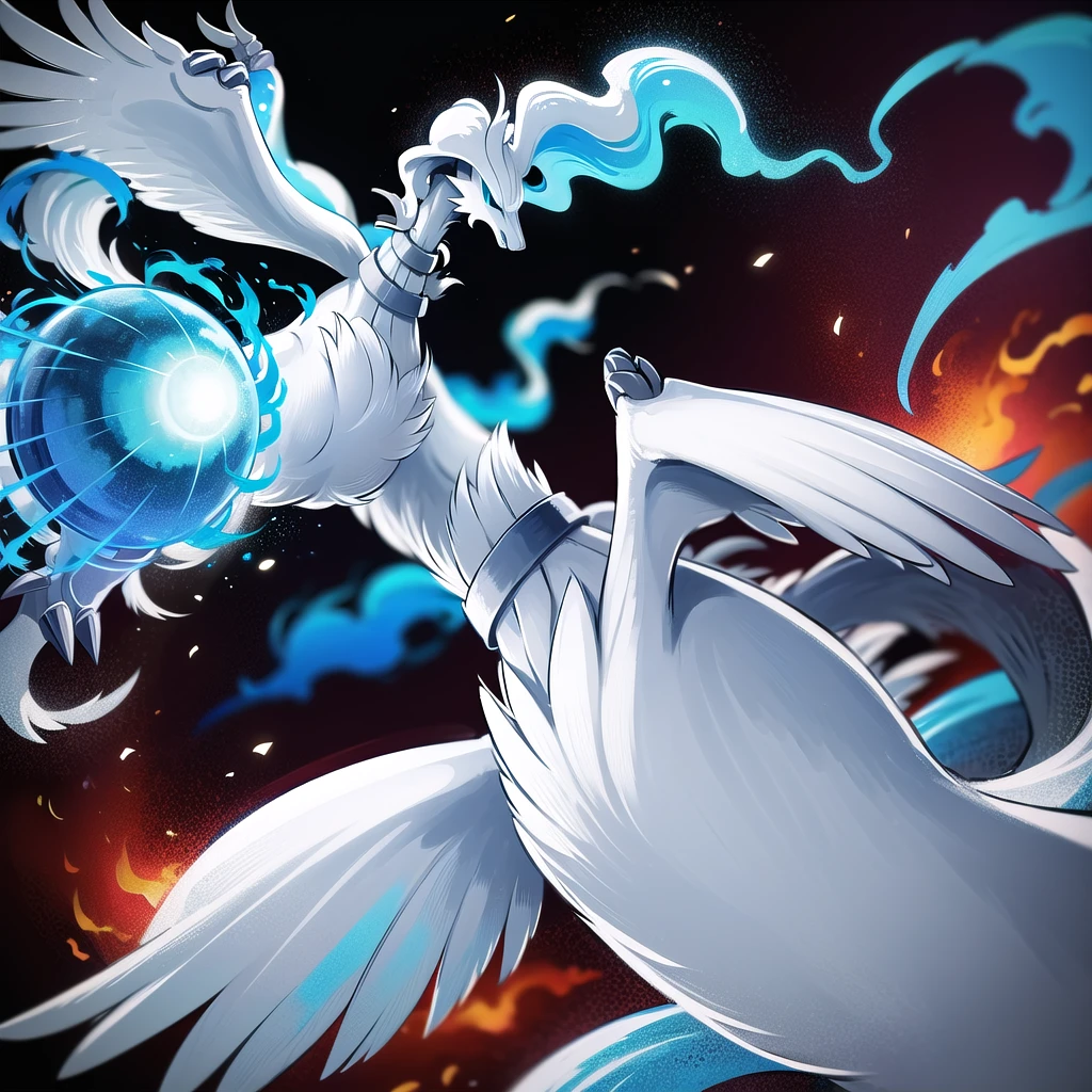 ((masterpiece,best quality)), absurdres,
,
Reshiram, 
blue eyes, blue fire, claws, fire, from below, grey background, no humans, simple background, glowing eyes, bokeh