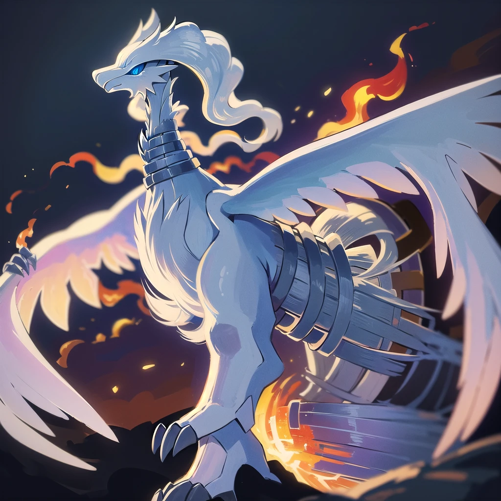 ((masterpiece,best quality)), absurdres,
,
Reshiram, 
blue eyes, blue fire, claws, fire, from below, grey background, no humans, simple background, glowing eyes, bokeh