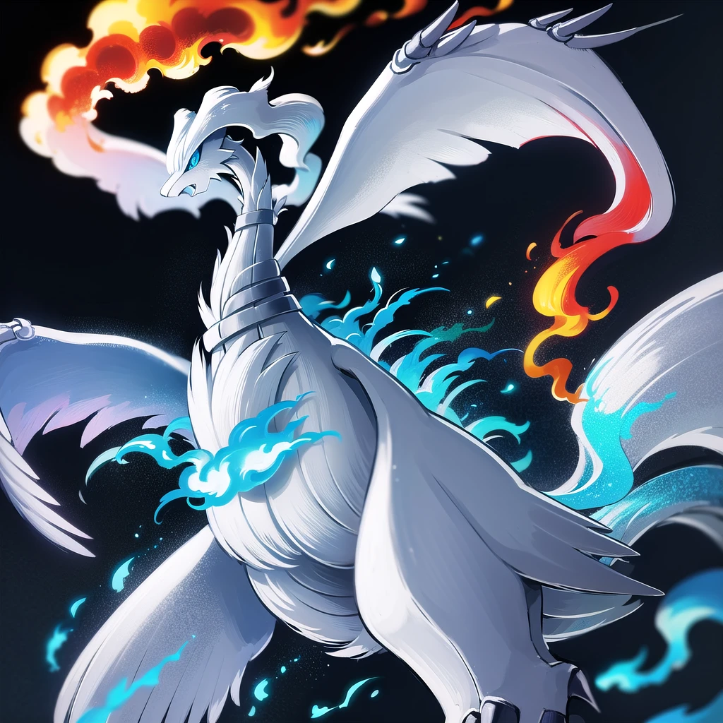 ((masterpiece,best quality)), absurdres,
,
Reshiram, 
blue eyes, blue fire, claws, fire, from below, grey background, no humans, simple background, glowing eyes, bokeh