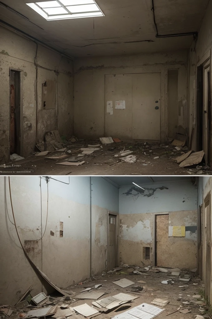 Page from a diary with disturbing and scary drawings, inside an abandoned bunker, dirty and dusty interior