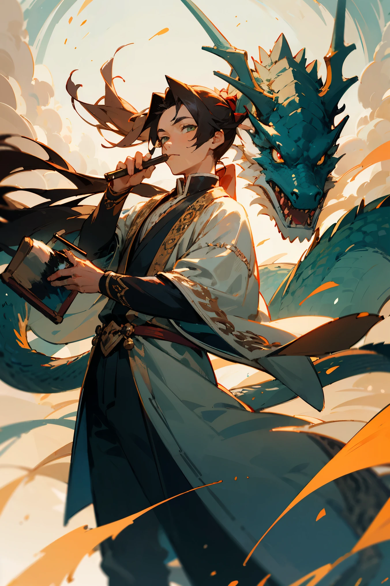 Young boy, Male, dark hair, long hair, ponytail, Majestic, Green eyes, glowing eyes, expensive clothes, Royal clothes, Dragon horns, Dragon tail, holding painting brush