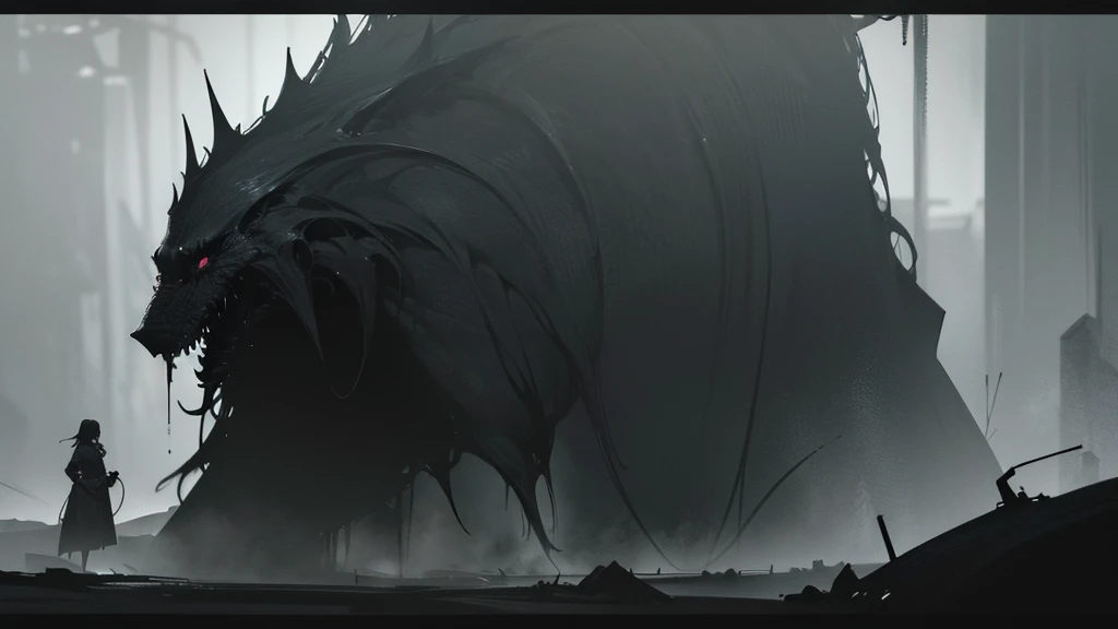 a young woman sitting with her back to the camera, a monstrous creature emerging from the depths of a dark dungeon, dramatic lighting, gritty, gothic atmosphere, highly detailed, cinematic, dramatic composition, moody colors, deep shadows, horror, (best quality,4k,8k,highres,masterpiece:1.2),ultra-detailed,(realistic,photorealistic,photo-realistic:1.37),dark fantasy,chiaroscuro lighting,moody,dramatic,ominous mood,detailed creature design,intricate background,mysterious and foreboding