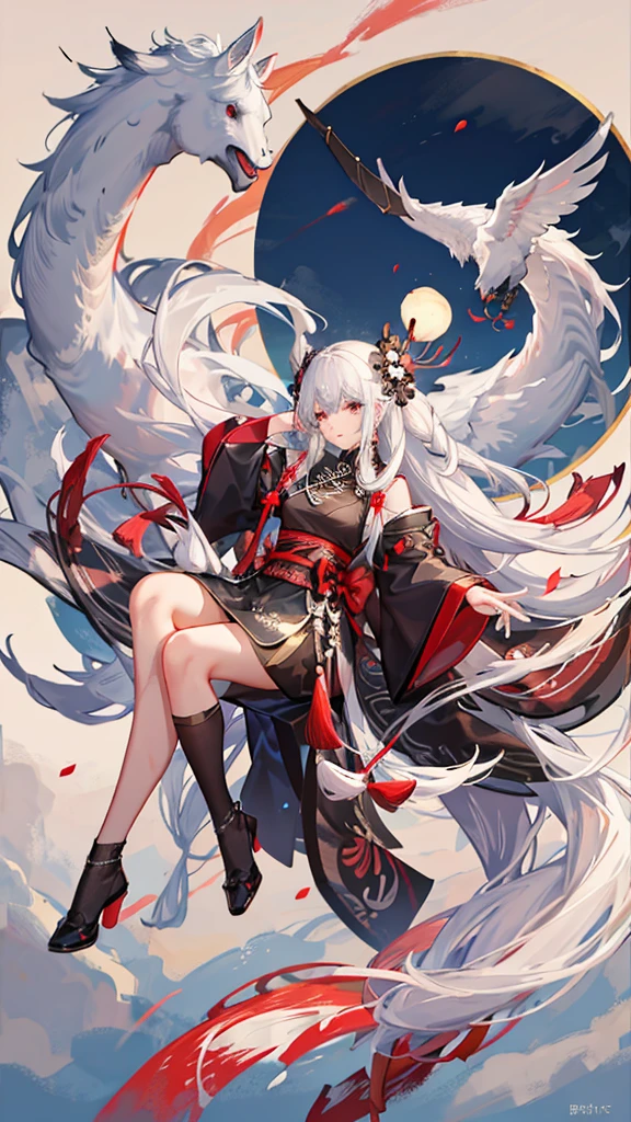 Beautiful woman, white long hair with black pony and a strand of res hair. Wearing Chinese crane cheongsam, white black sash, handle a red big advanced hammer.
Splashing ink background, clouds, fog, dramatic