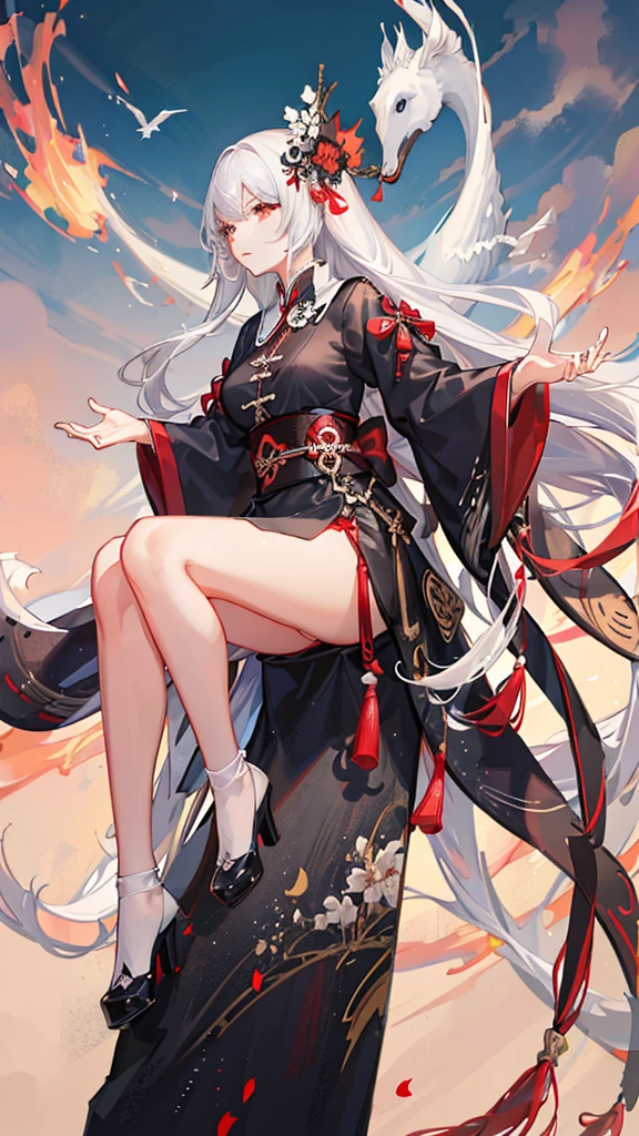 Beautiful woman, white long hair with black pony and a strand of res hair. Wearing Chinese crane cheongsam, white black sash, handle a red big advanced hammer.
Splashing ink background, clouds, fog, dramatic