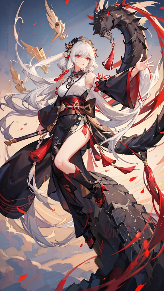 Beautiful woman, white long hair with black pony and a strand of res hair. Wearing Chinese crane cheongsam, white black sash, handle a red big advanced hammer.
Splashing ink background, clouds, fog, dramatic