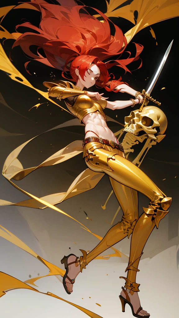 A rotten woman holding a sword,long red hair,no eyes,full body,wielding long sword,midriff,pants,high heels,bracelet,toned abs,sandals,golden pants,golden armor,golden helmet,visible skeleton,bloody sword,bloody armor
