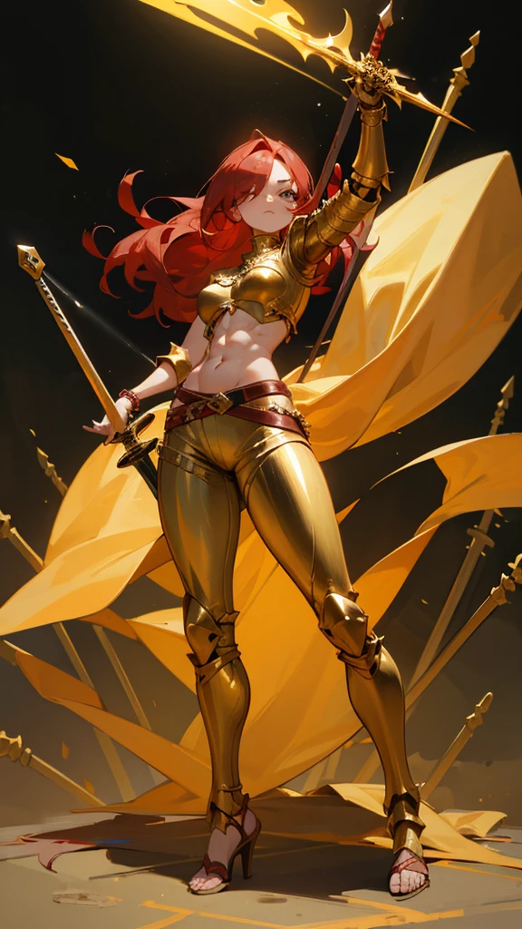 A rotten woman holding a sword,long red hair,no eyes,full body,wielding long sword,midriff,pants,high heels,bracelet,toned abs,sandals,golden pants,golden armor,golden helmet,visible skeleton,bloody sword,bloody armor