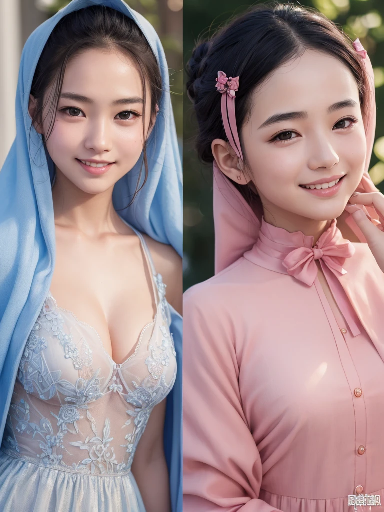 (8K、Raw photography、top quality、masterpiece: 1.2)、(realistic、Photorealistic:1.37)、ultra-detailliert、超High resolution, 1 girl、look at the viewer、beautiful facial details、Smile、Constriction、(Slim waist) : 1.3)、Professional lighting、Whole human body、Indonesian high 、wearing hijab、Muslim clothing, matriculation、、E-cup、Happy smile、、Red ribbon、baby face、Childisuppin 、Moizing lips、Thin pink lips、