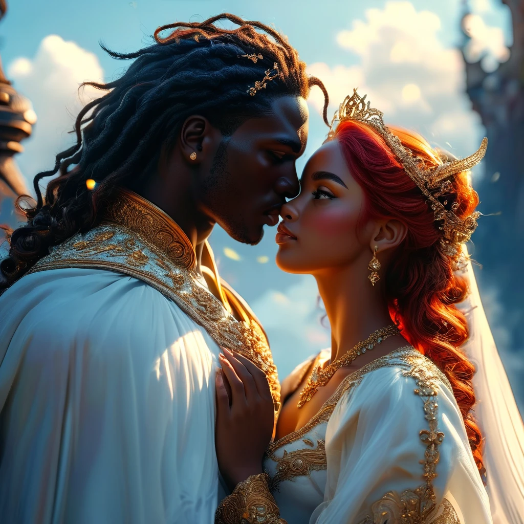 Romance in a heavenly landscape, (((darkskin))) loving couple in their 20s, a (dark-haired imperial duke) The love is (((uma grávida de darkskin:1.2 (Red-Haired)) celestial warrior), romantic way, 8K, extremely detaild, high qualiy, (photorrealistic:1.37), ideal proportions and defined complexion, meticulously crafted resources, inaccessible beauty, Perfection, Breathtaking elegance, curvas g, goddess-like figures, divine symmetry, artistic work of arts, vivid realism, hyper-detailed sculptures, life-like forms, truly inspiring, impeccable craftsmanship, pure shine, ethereal beauty, Delicate contours, striking poses, sublime beauty, subtle nuances, dynamic compositions, swirly vibrant colors, perfect lighting, poignant expressions, heavenly aura, majestic presence, dream-like atmosphere, unrivaled gdetailed octane rendering trend in artstation, 8k art photography, photorrealistic concept art, rewarded photography, work of art, perfect composition, beautiful detailed intricate insanely
