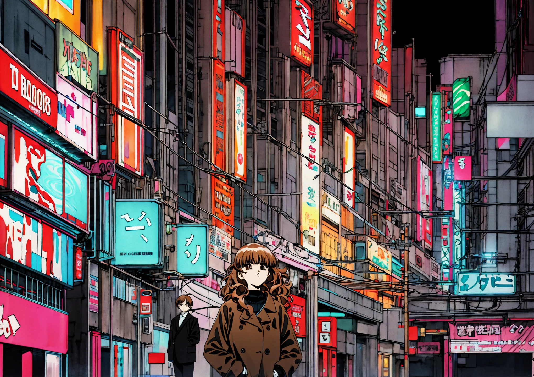 Taiga Aisaka standing on the street in Tokyo, (night), winter, (neon lights), VHS, vintage, manga style, snow, black background, (bangs), wavy hair, glitch art, light brown hair, 90's, 1girl