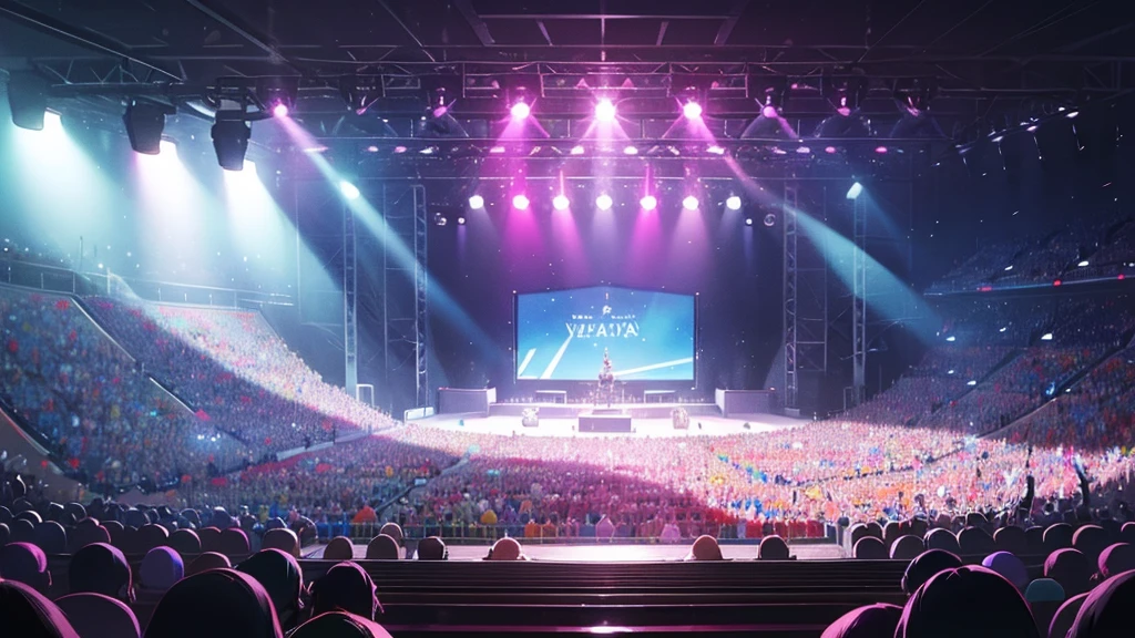Publication at a rock concert, Pixar-style. audience view of the stage