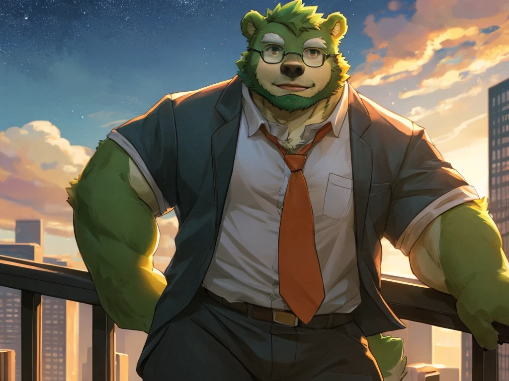 bara, furry, furry_male,male focus,muscular male, anthro, kemono, male, solo, glasses, (((green bear))), (((green fur))), green hair, red eyes, beard, white eyebrows, 1boy, solo,looking at viewer, jinpei,
 daily outfit,informal clothes, casual clothes, shirt and pants,
detail background, sky, scenery, cloud, building, outdoors, railing, star (sky), city, cloudy sky, from below, blurry, starry sky, standing, wide shot, sunlight, depth of field, 