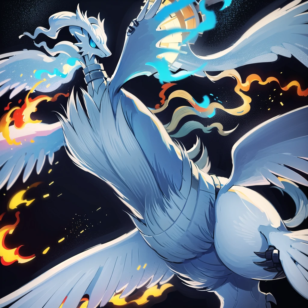 ((masterpiece,best quality)), absurdres,
,
Reshiram, 
blue eyes, blue fire, claws, fire, from below, grey background, no humans, simple background, glowing eyes, bokeh