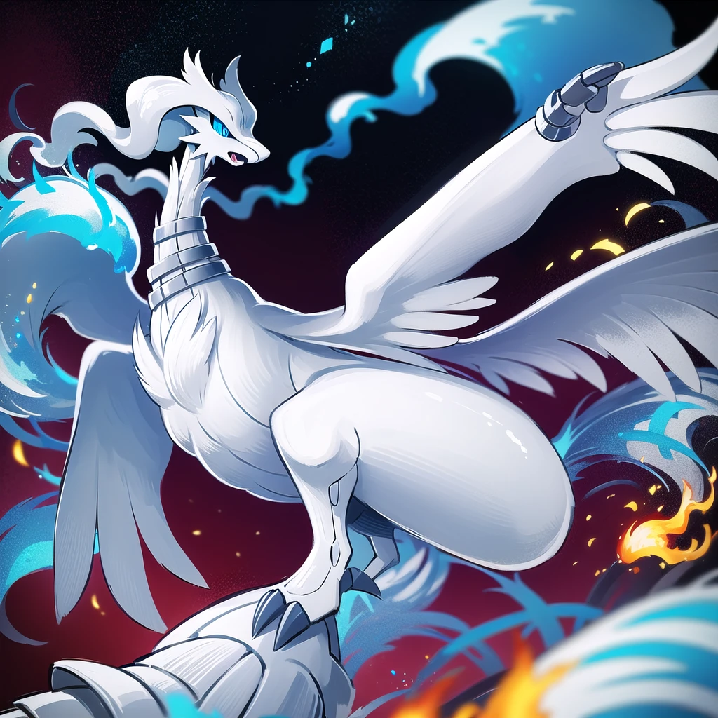 ((masterpiece,best quality)), absurdres,
,
Reshiram, 
blue eyes, blue fire, claws, fire, from below, grey background, no humans, simple background, glowing eyes, bokeh