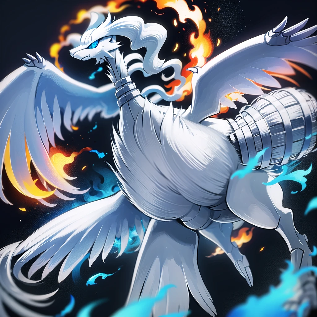 ((masterpiece,best quality)), absurdres,
,
Reshiram, 
blue eyes, blue fire, claws, fire, from below, grey background, no humans, simple background, glowing eyes, bokeh