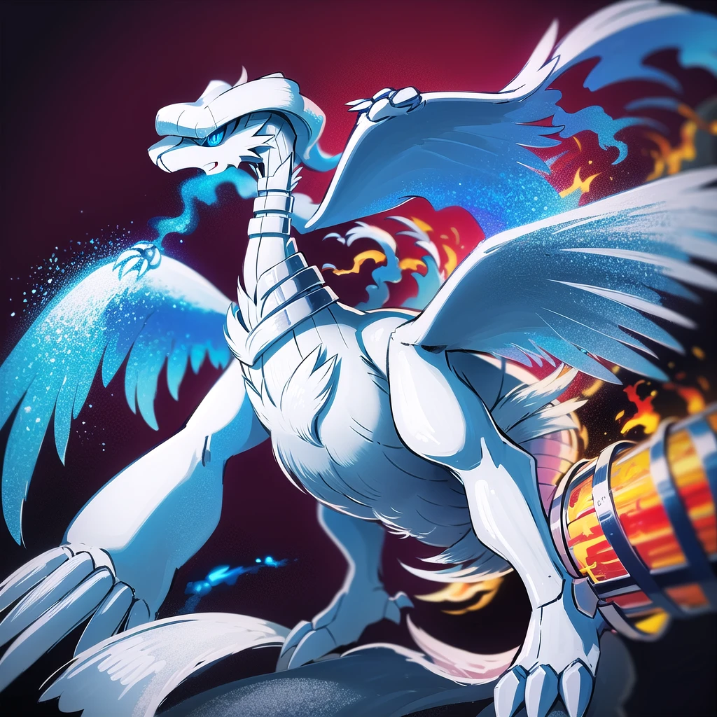 ((masterpiece,best quality)), absurdres,
,
Reshiram, 
blue eyes, blue fire, claws, fire, from below, grey background, no humans, simple background, glowing eyes, bokeh