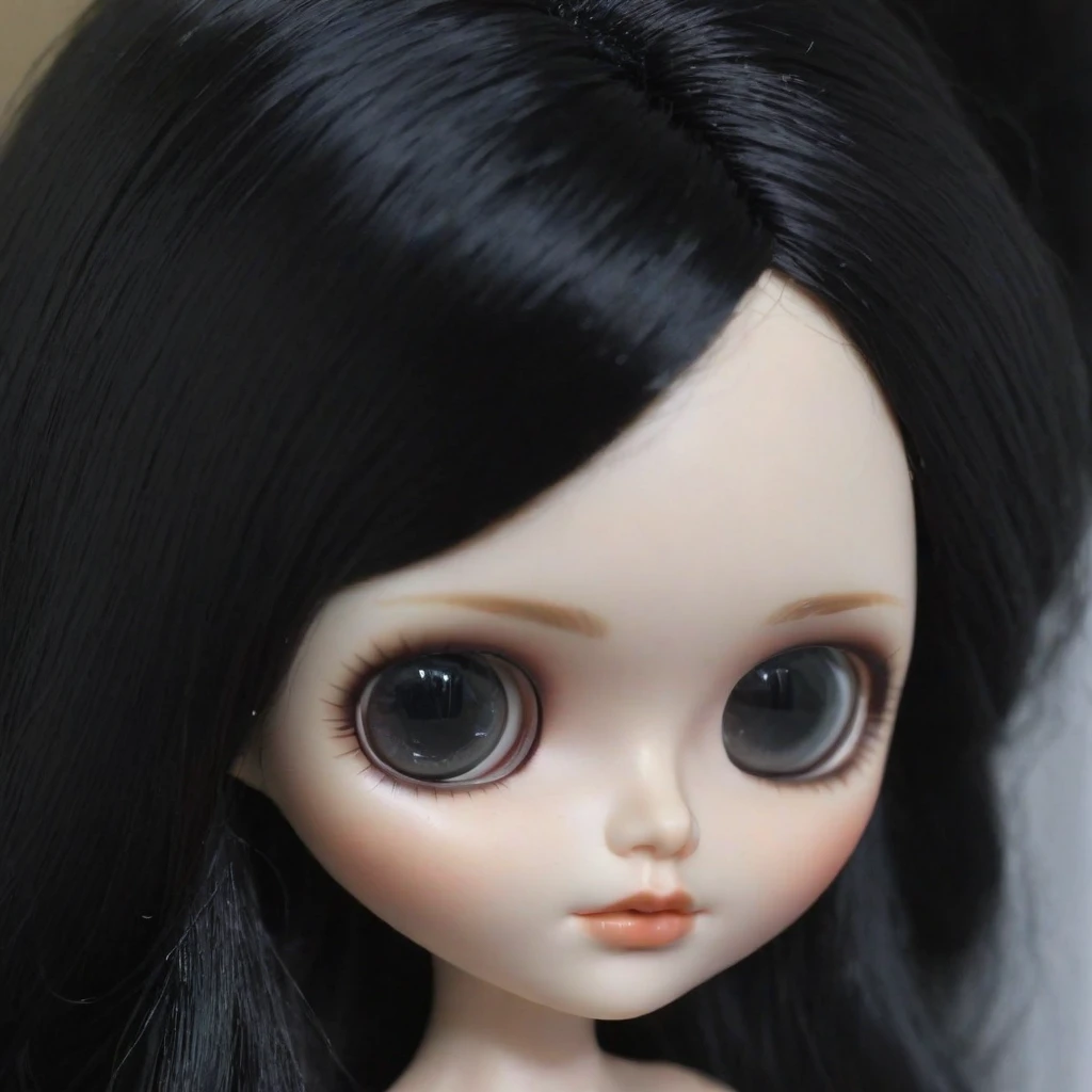make me a white skin blythe doll, shoulder length black hair, dark gray eyes and eyebrow piercing