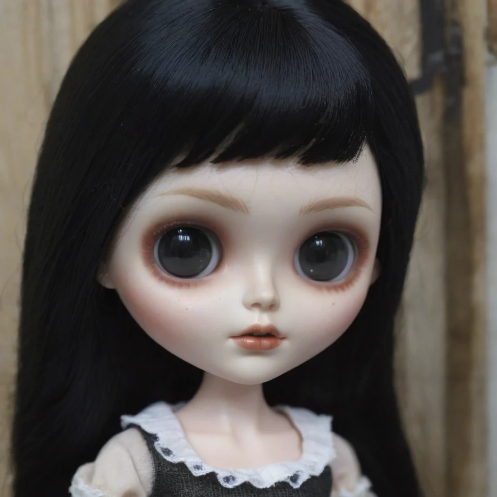 make me a white skin blythe doll, shoulder length black hair, dark gray eyes and eyebrow piercing