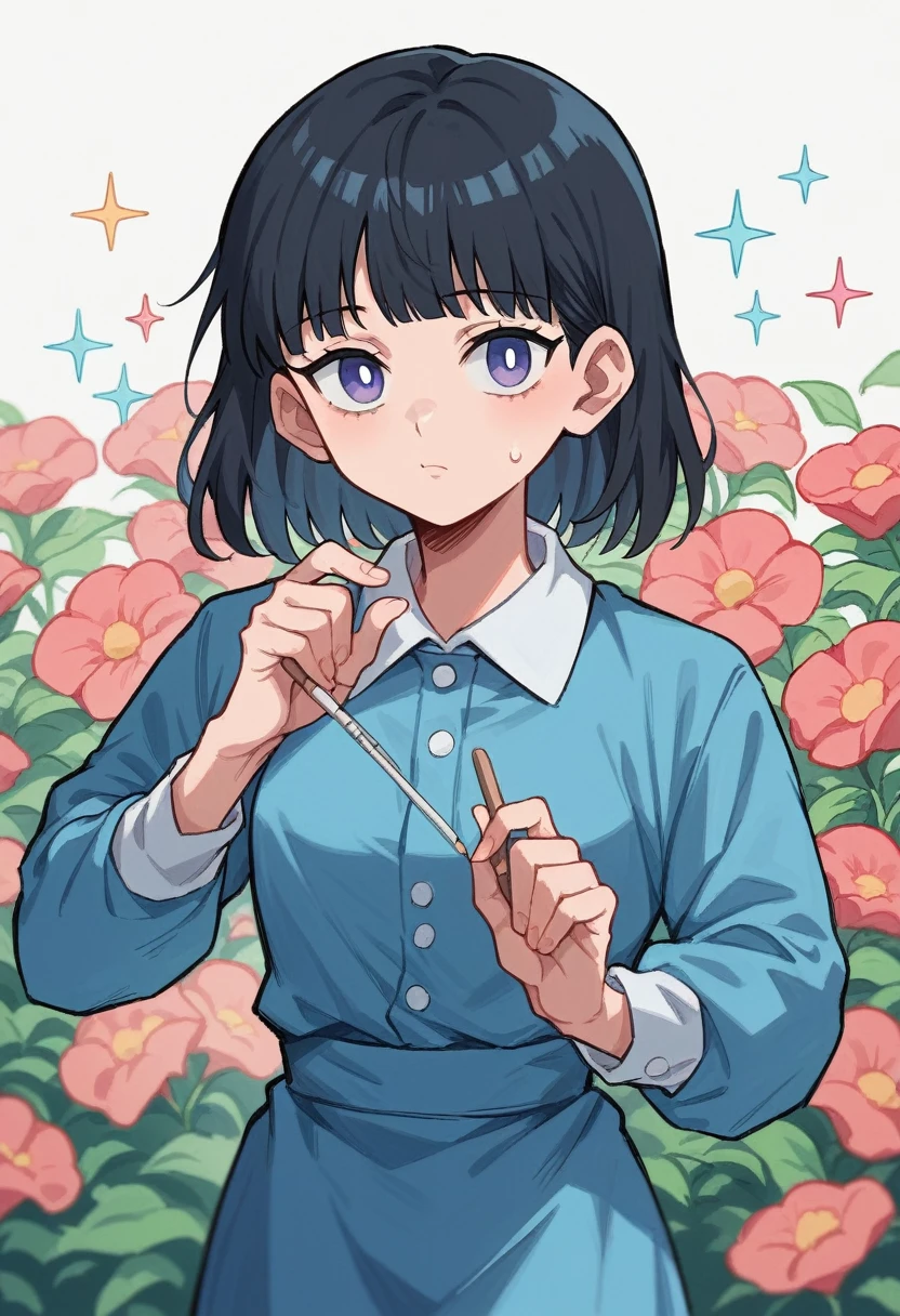 Trixie from the mob psycho 100 in four-year-old baby girl version, black hair with purple sparkles, light blue eyes, flower field background, baby girl drawing art, mob psycho 100 style, simple drawing without shadows or depth.