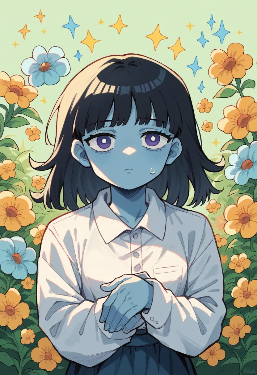 Trixie from the mob psycho 100 in four-year-old baby girl version, black hair with purple sparkles, light blue eyes, flower field background, baby girl drawing art, mob psycho 100 style, simple drawing without shadows or depth.