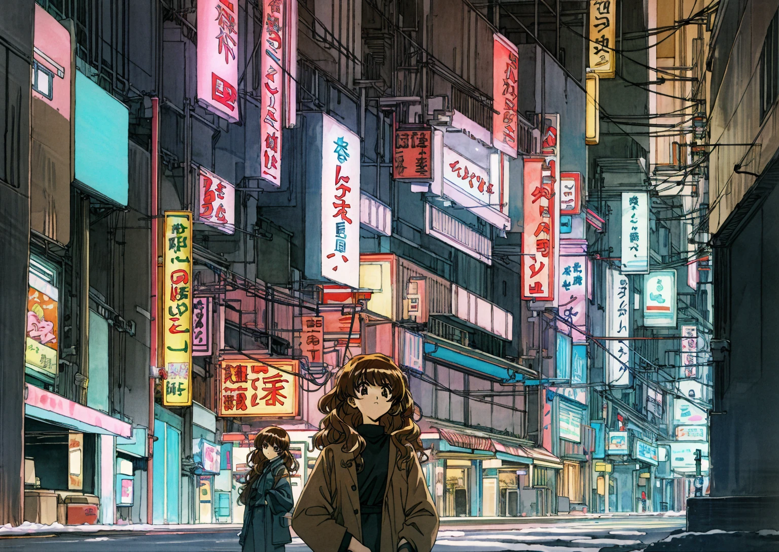 Taiga Aisaka standing on the street in Tokyo, (night), winter, (neon lights), VHS, vintage, manga style, snow, black background, (bangs), wavy hair, glitch art, light brown hair, 90's, 1girl