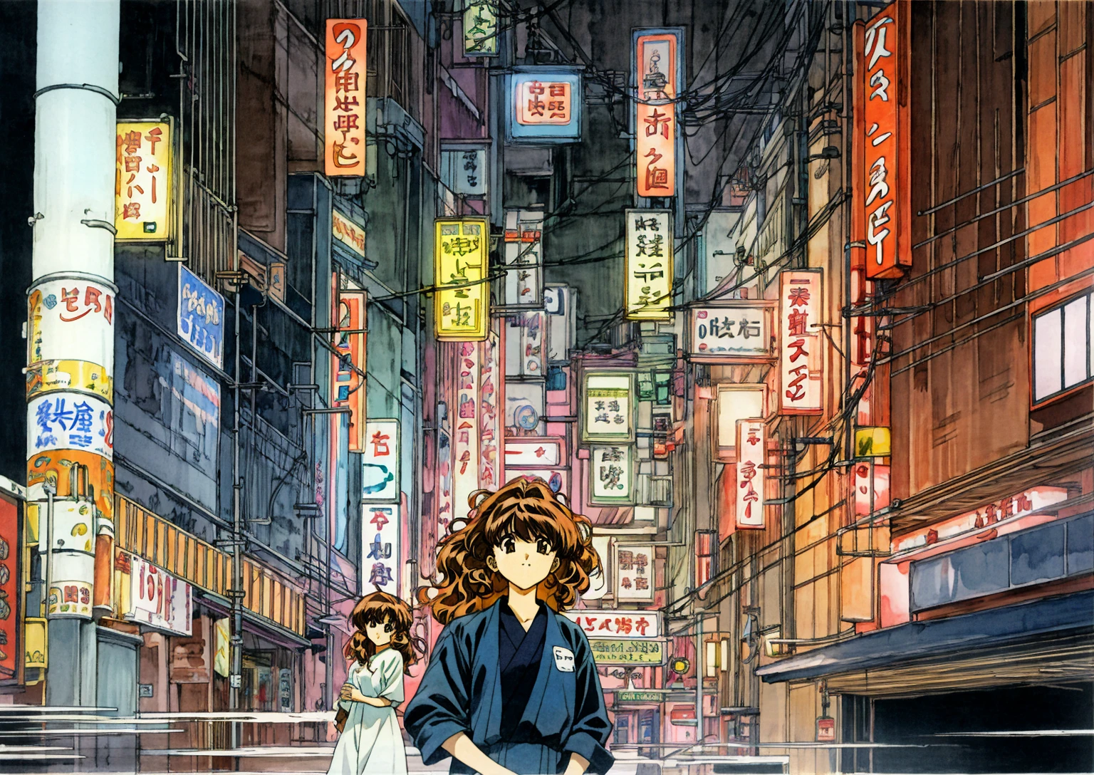 Taiga Aisaka standing on the street in Tokyo, (night), winter, (neon lights), VHS, vintage, manga style, snow, black background, (bangs), wavy hair, glitch art, light brown hair, 90's, 1girl