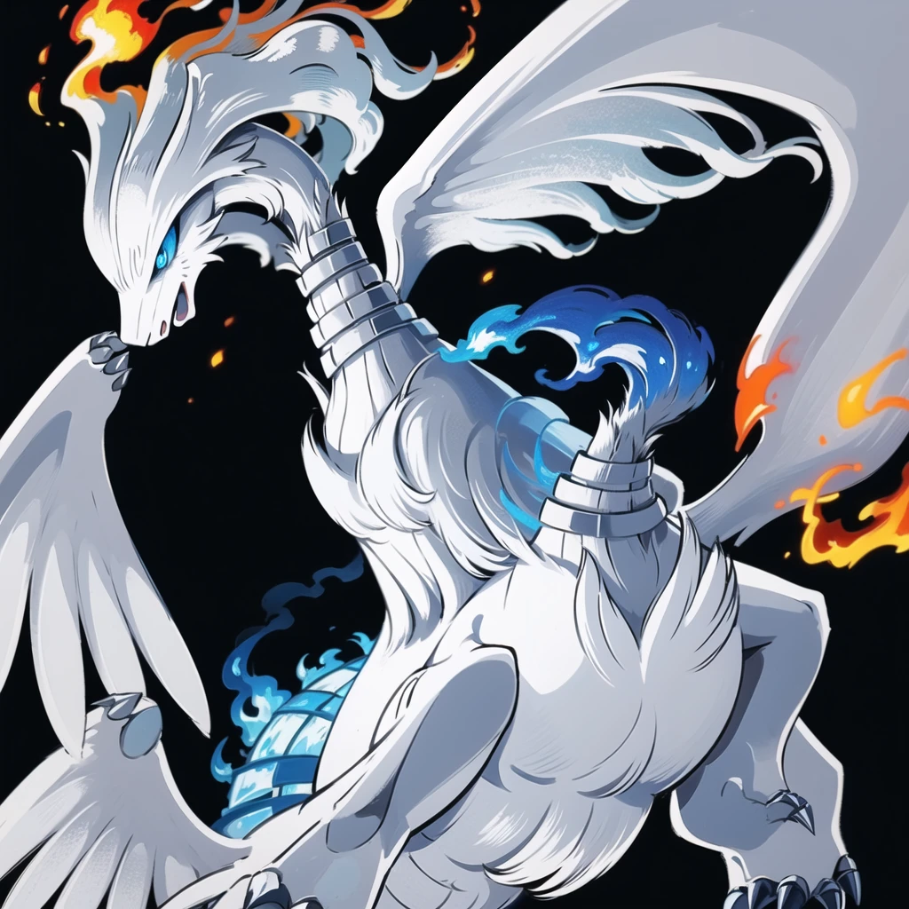 ((masterpiece,best quality)), absurdres,
,
Reshiram, 
blue eyes, blue fire, claws, fire, from below, grey background, no humans, simple background, glowing eyes, bokeh