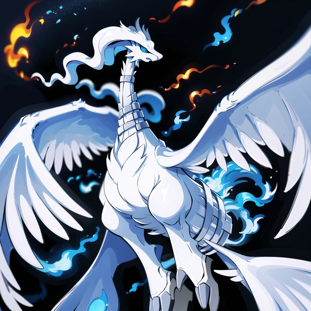 ((masterpiece,best quality)), absurdres,
,
Reshiram, 
blue eyes, blue fire, claws, fire, from below, grey background, no humans, simple background, glowing eyes, bokeh