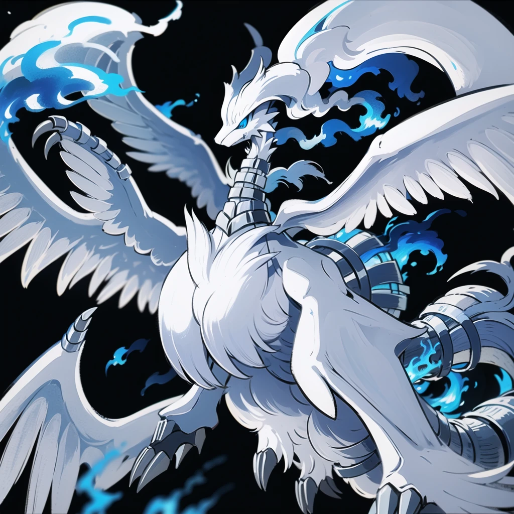 ((masterpiece,best quality)), absurdres,
,
Reshiram, 
blue eyes, blue fire, claws, fire, from below, grey background, no humans, simple background, glowing eyes, bokeh