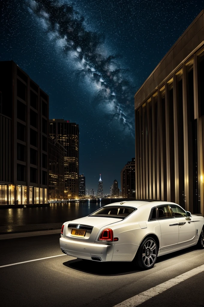 An image for my wallpaper of a white Rolls Royce Culinan with very dark windows, white and gold rims that can be seen from the rear and in the background the city illuminated at night but its background blurred, a sky shining with its stars 
