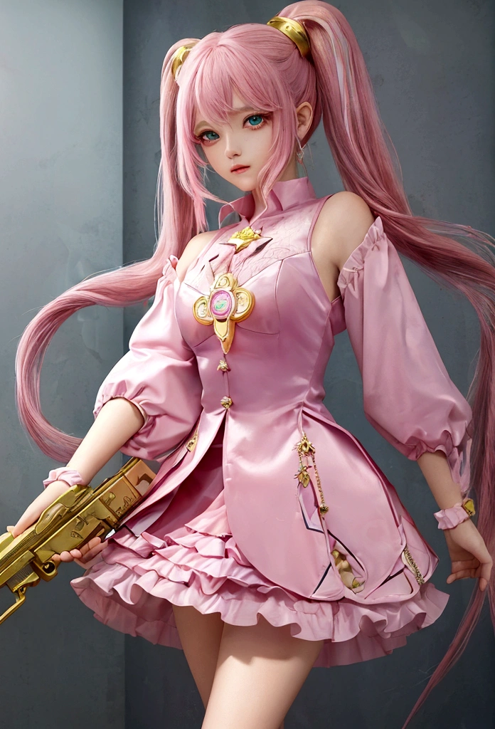 Masterpiece, high quality, 1 girl, pink and turquoise hair, long with a pigtail, gold eyes. With magical girl clothes.using magic powers with a pink gun .