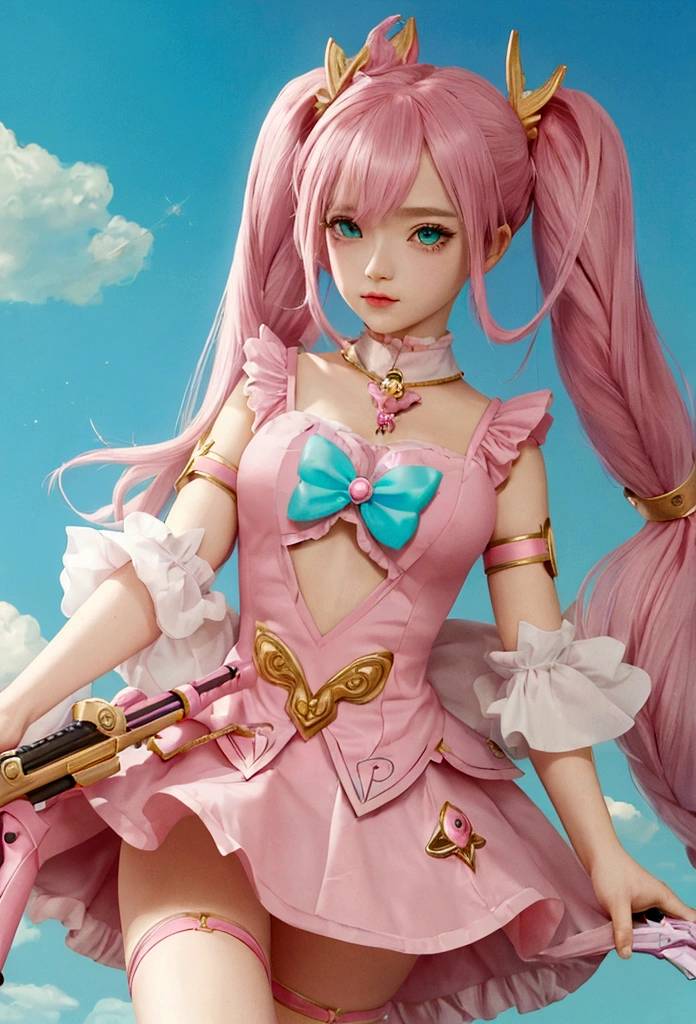 Masterpiece, high quality, 1 girl, pink and turquoise hair, long with a pigtail, gold eyes. With magical girl clothes.using magic powers with a pink gun .
