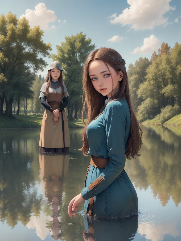 ((best qualityer)), ((work of art)),1womanl, Linda,brownhair, blue eyes of the middle ages seeing their reflection in a lake, ((looking at the lake)).((WITHOUT looking at the camera!!!!)) looking at the lake