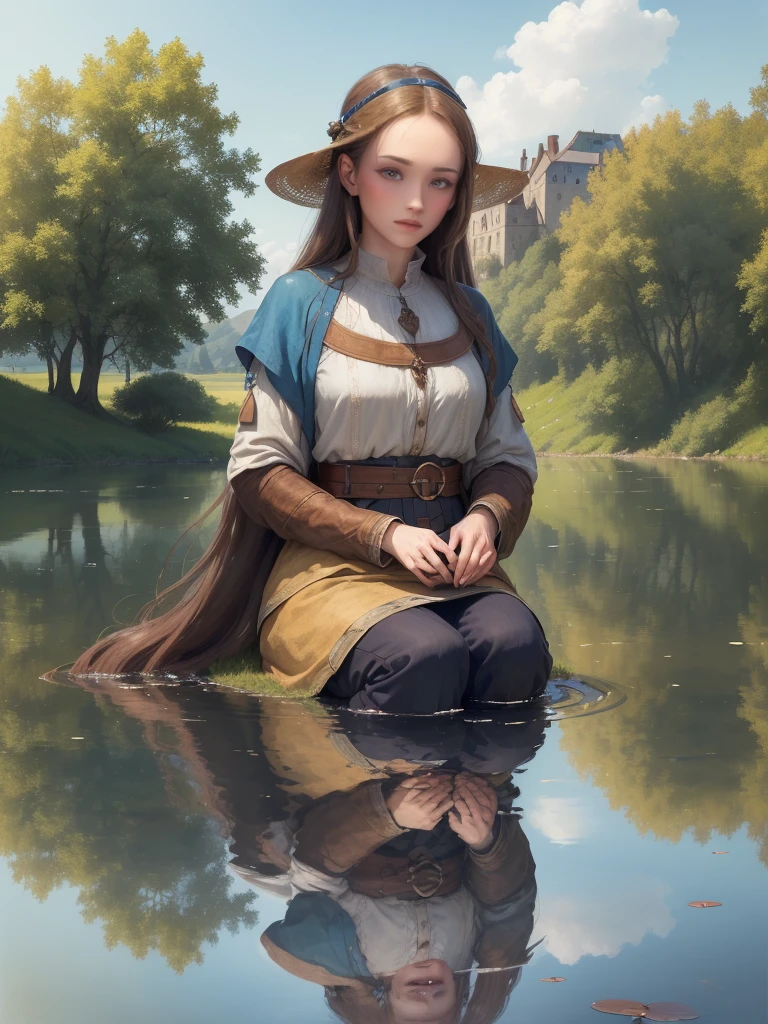 ((best qualityer)), ((work of art)),1womanl, Linda,brownhair, blue eyes of the middle ages seeing their reflection in a lake, ((looking at the lake)).((WITHOUT looking at the camera!!!!)) looking at the lake