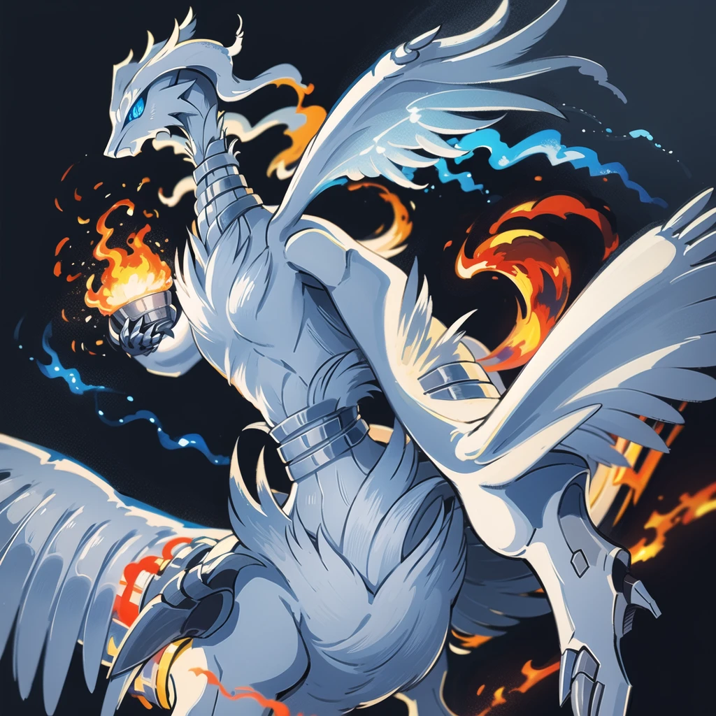 ((masterpiece,best quality)), absurdres,
,
Reshiram, 
blue eyes, blue fire, claws, fire, from below, grey background, no humans, simple background, glowing eyes, bokeh