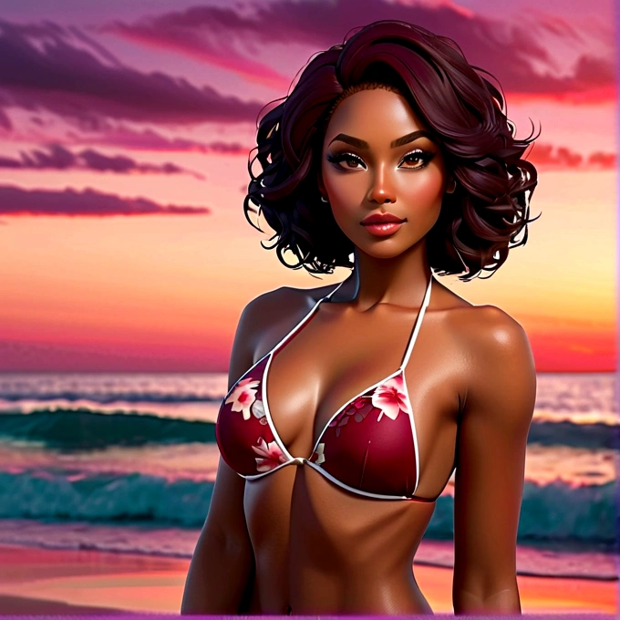 sensual african american woman with asian features, dark skin and nice face, short elegantly styled dark reddish brown hair and light brown eyes. she wears a wine red bikini, black floral designs on top. full realistic 3D model. she is on a beautiful beach at night