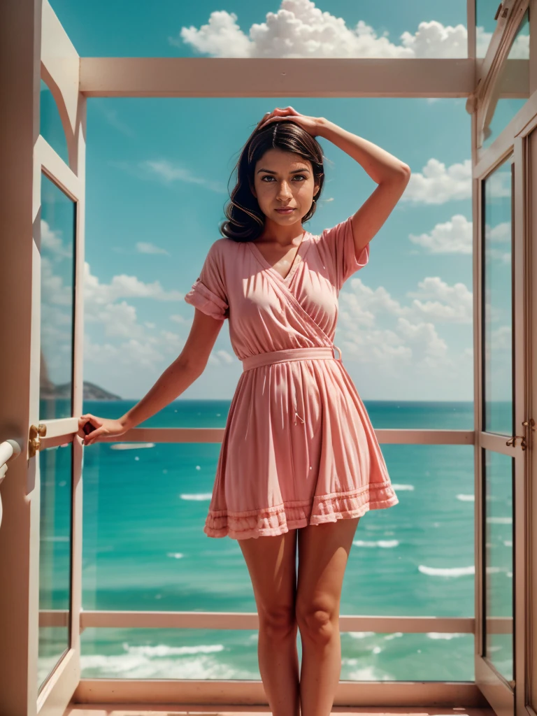 8k, high quality, detailed, hyper realistic, Wes Anderson color palette, Wes Anderson symmetry, pastel colors, natural lighting, cinematic, whimsical, quirky, symmetrical framing, vintage aesthetic, nostalgic, dreamy, surreal, 1girl