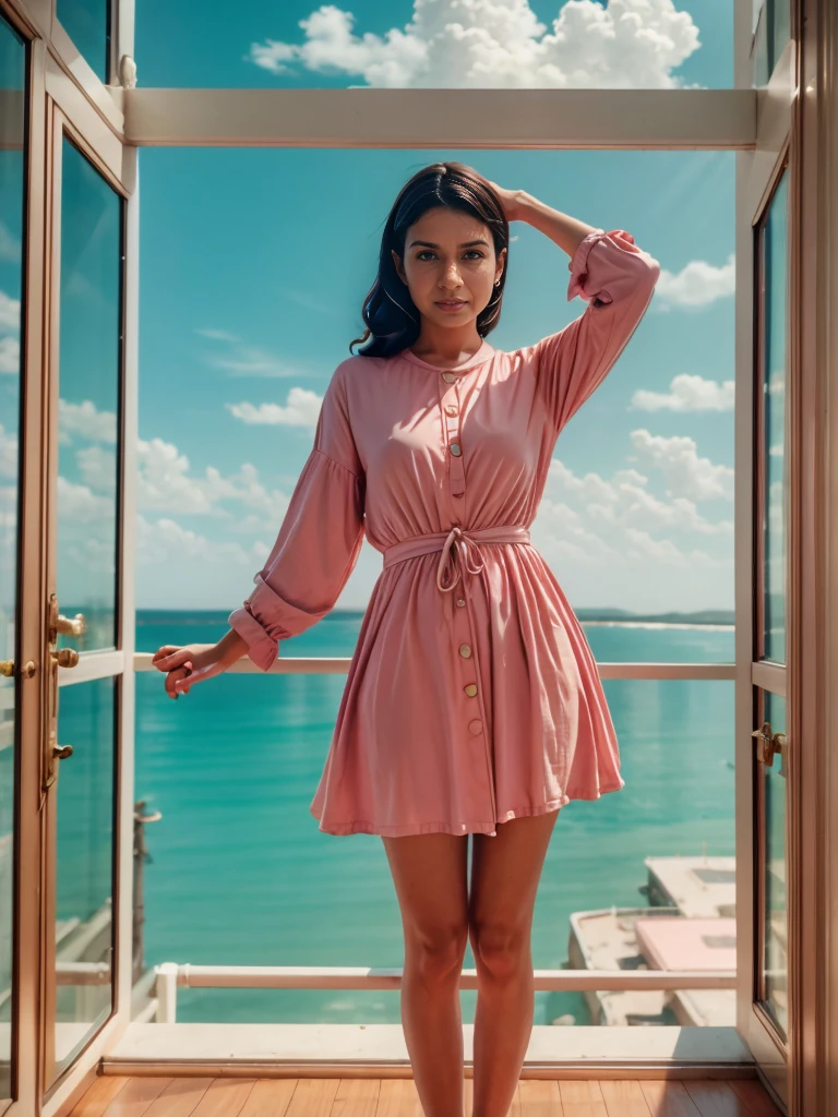 8k, high quality, detailed, hyper realistic, Wes Anderson color palette, Wes Anderson symmetry, pastel colors, natural lighting, cinematic, whimsical, quirky, symmetrical framing, vintage aesthetic, nostalgic, dreamy, surreal, 1girl