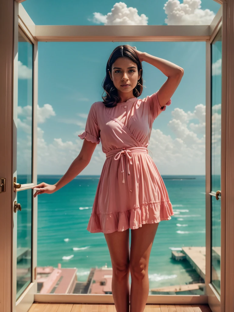 8k, high quality, detailed, hyper realistic,  Wes Anderson color palette, Wes Anderson symmetry, pastel colors, natural lighting, cinematic, whimsical, quirky, symmetrical framing, vintage aesthetic, nostalgic, dreamy, surreal, 1girl