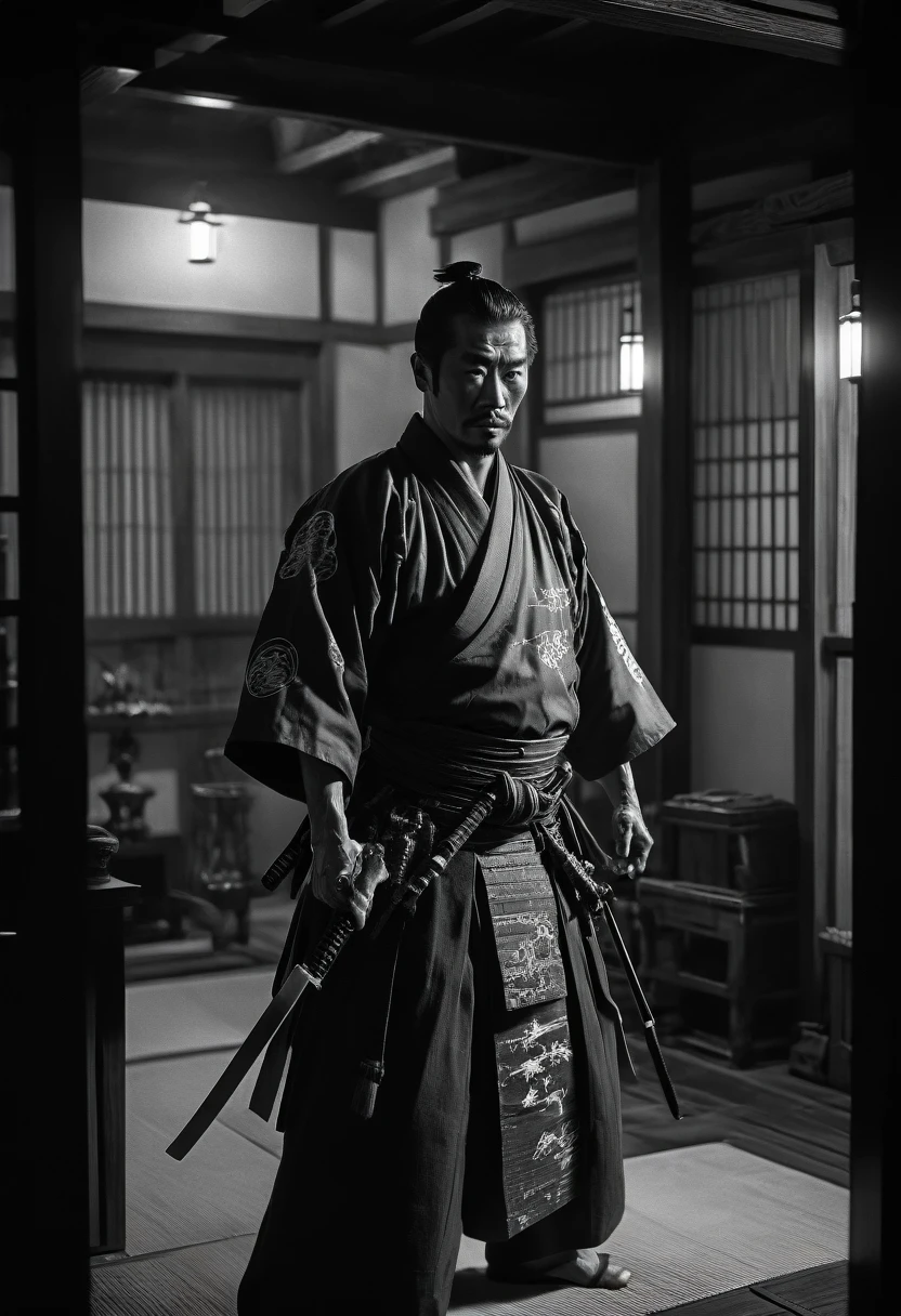 1950s Film, arcane samurai. Captured on a 35mm camera, black andwhite, classic film noir, (best qualityer, work of art, Representative work, offcial art, proffesional, ultra intricate detailed, 8K:1.3)