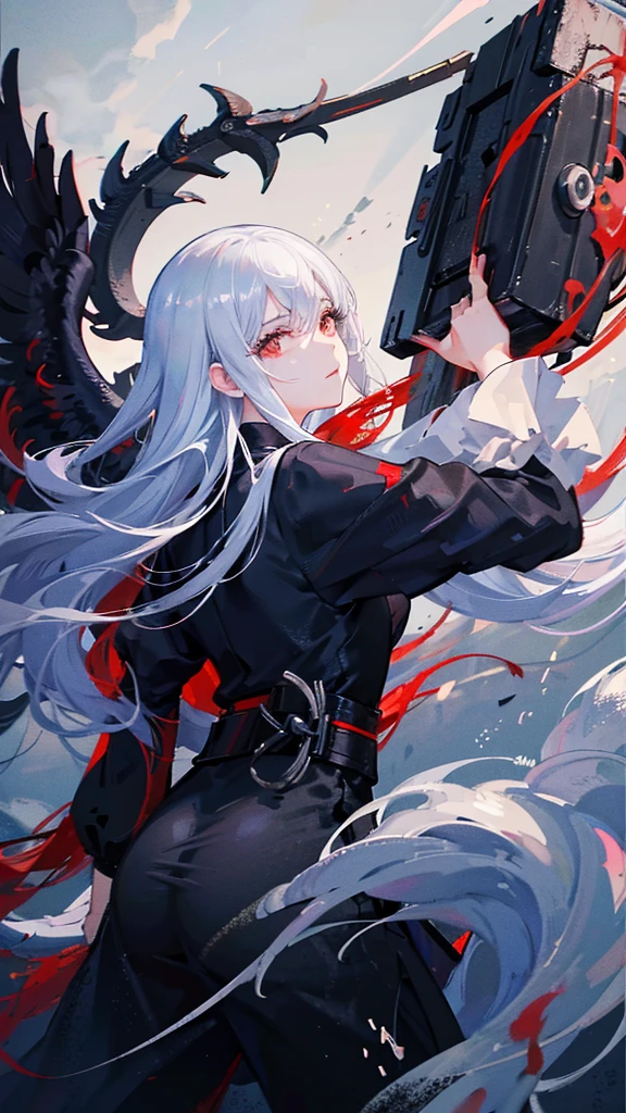Beautiful woman, white long hair with black pony and a strand of res hair. Wearing Chinese crane cheongsam, white black sash, handle a red big advanced hammer. 

Splashing ink background, clouds, fog, dramatic