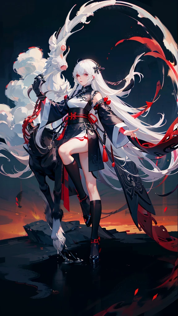 Beautiful woman, white long hair with black pony and a strand of res hair. Wearing Chinese crane cheongsam, white black sash, handle a red big advanced hammer.
Splashing ink background, clouds, fog, dramatic