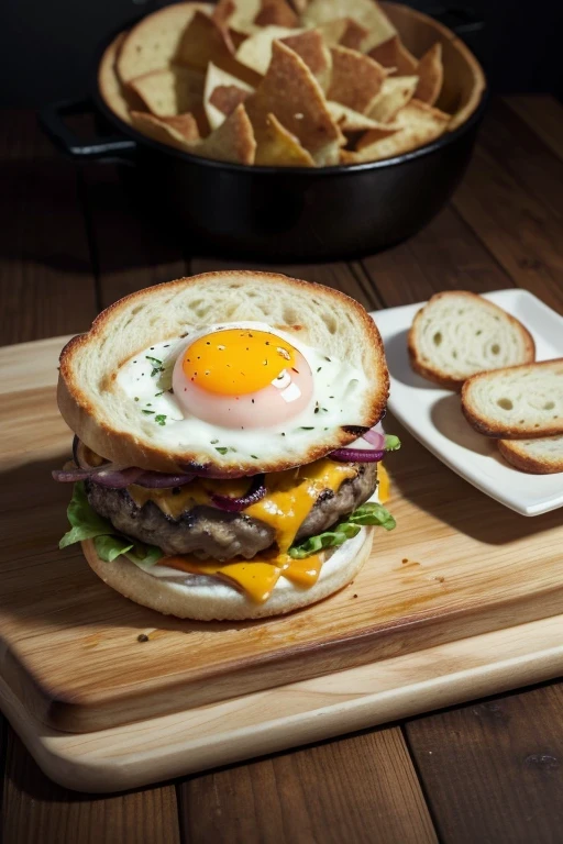 Create a burger that has bread, queso, meat, bacon, caramelized onion, queso, meat, takis fire and the other bread and that the top pande has a hole with a fried egg in the
