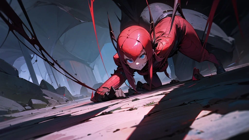 a huge spider runs after a girl in a dark cave. blood, fear, An adventurer